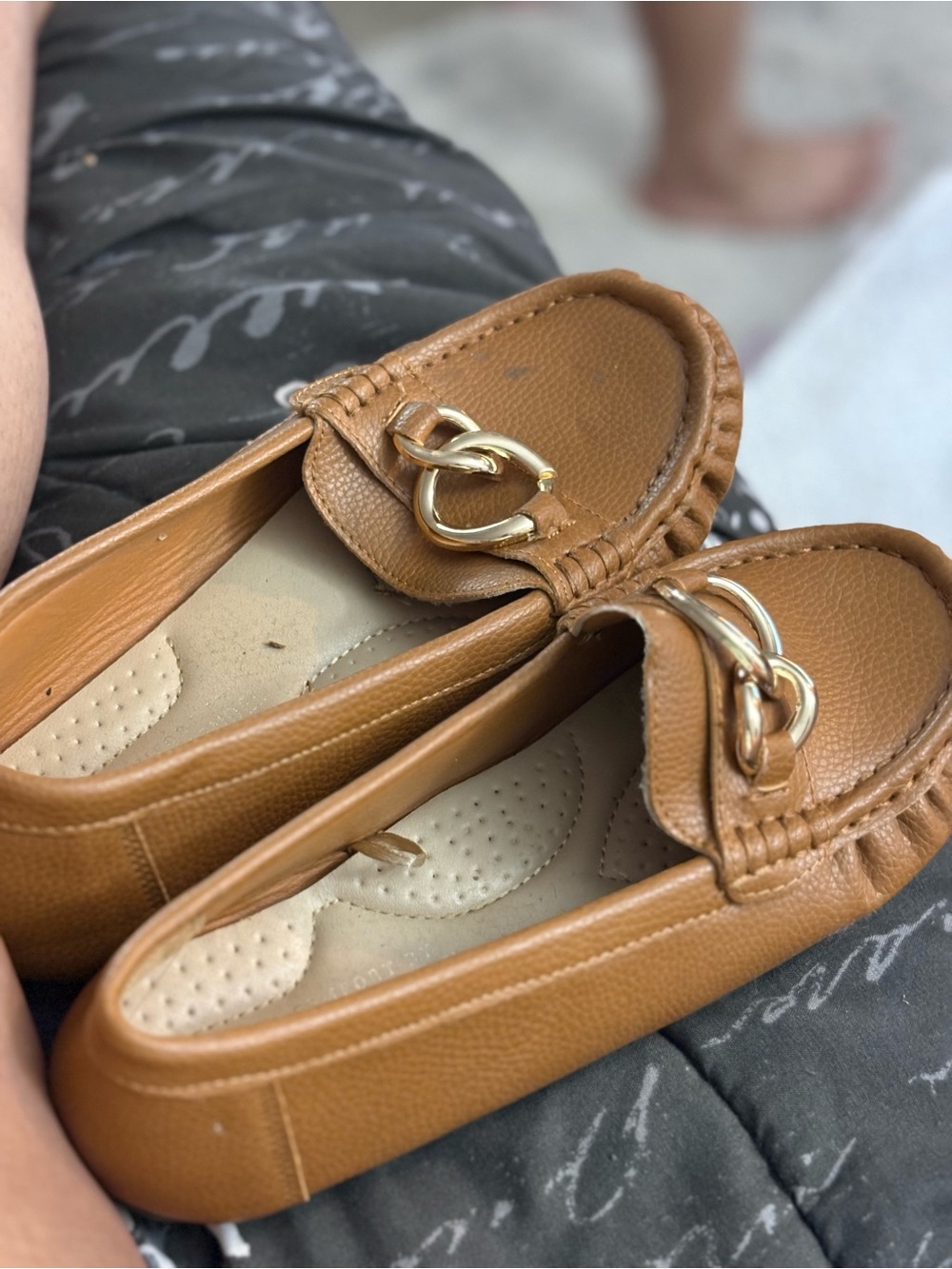Women's Tan Moccasin Loafers with Gold Accent
